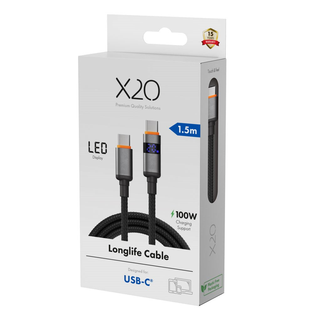 X2O Longlife 100W USB-C till USB-C Kabel m. LED Display - 1.5m - Svart