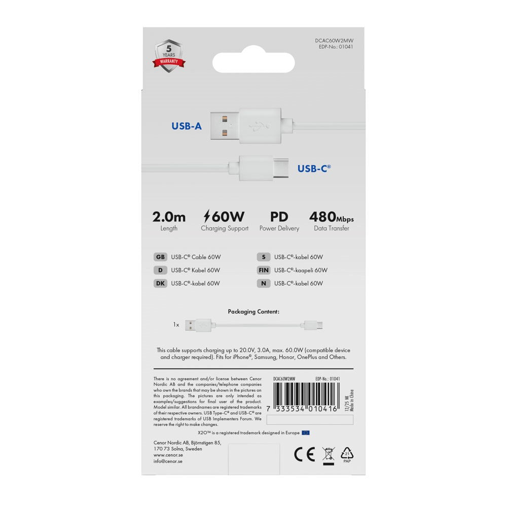 X2O Basic 60W USB-A till USB-C Kabel - 2m - Vit