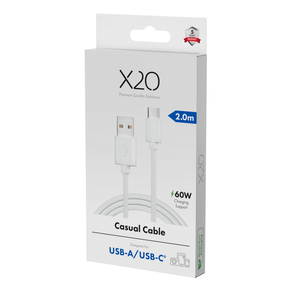 X2O Basic 60W USB-A till USB-C Kabel - 2m - Vit