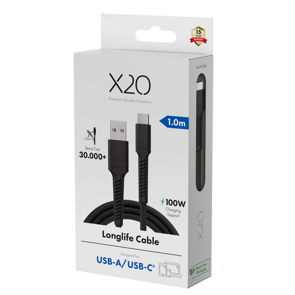 X2O Longlife 60W USB-A till USB-C Kabel - 1m - Svart