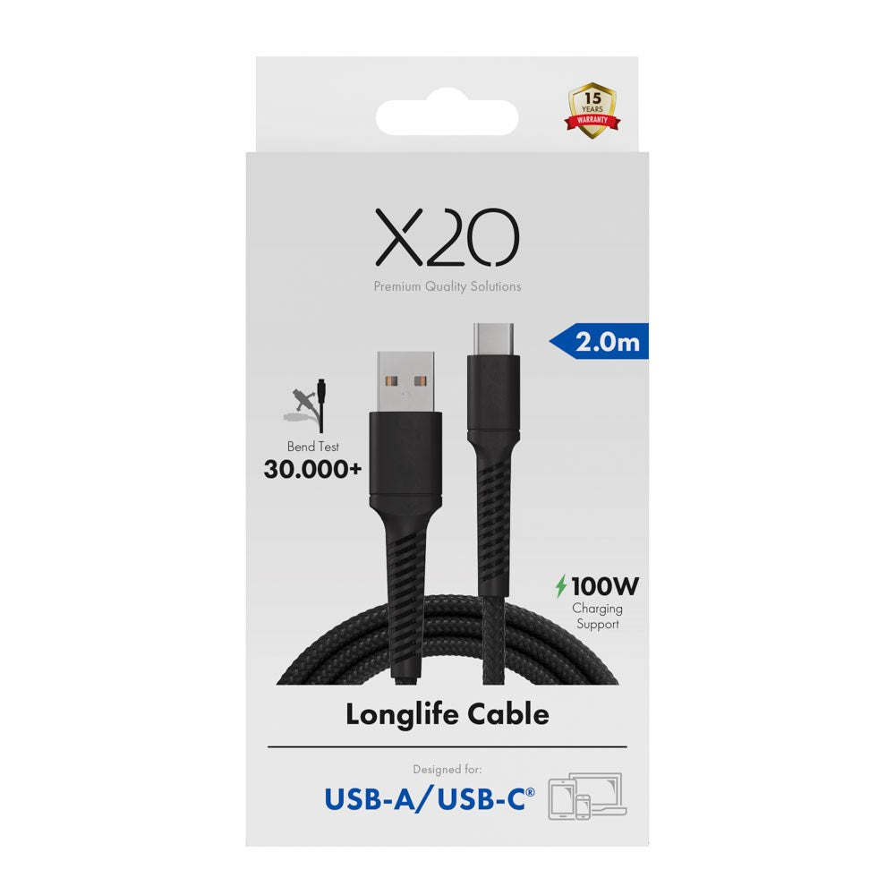 X2O Longlife 60W USB-A till USB-C Kabel - 2m - Svart