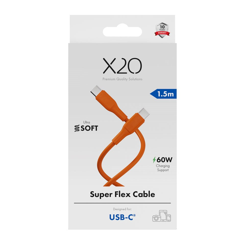 X2O Superflex 60W USB-C till USB-C Kabel - 1.5m - Orange