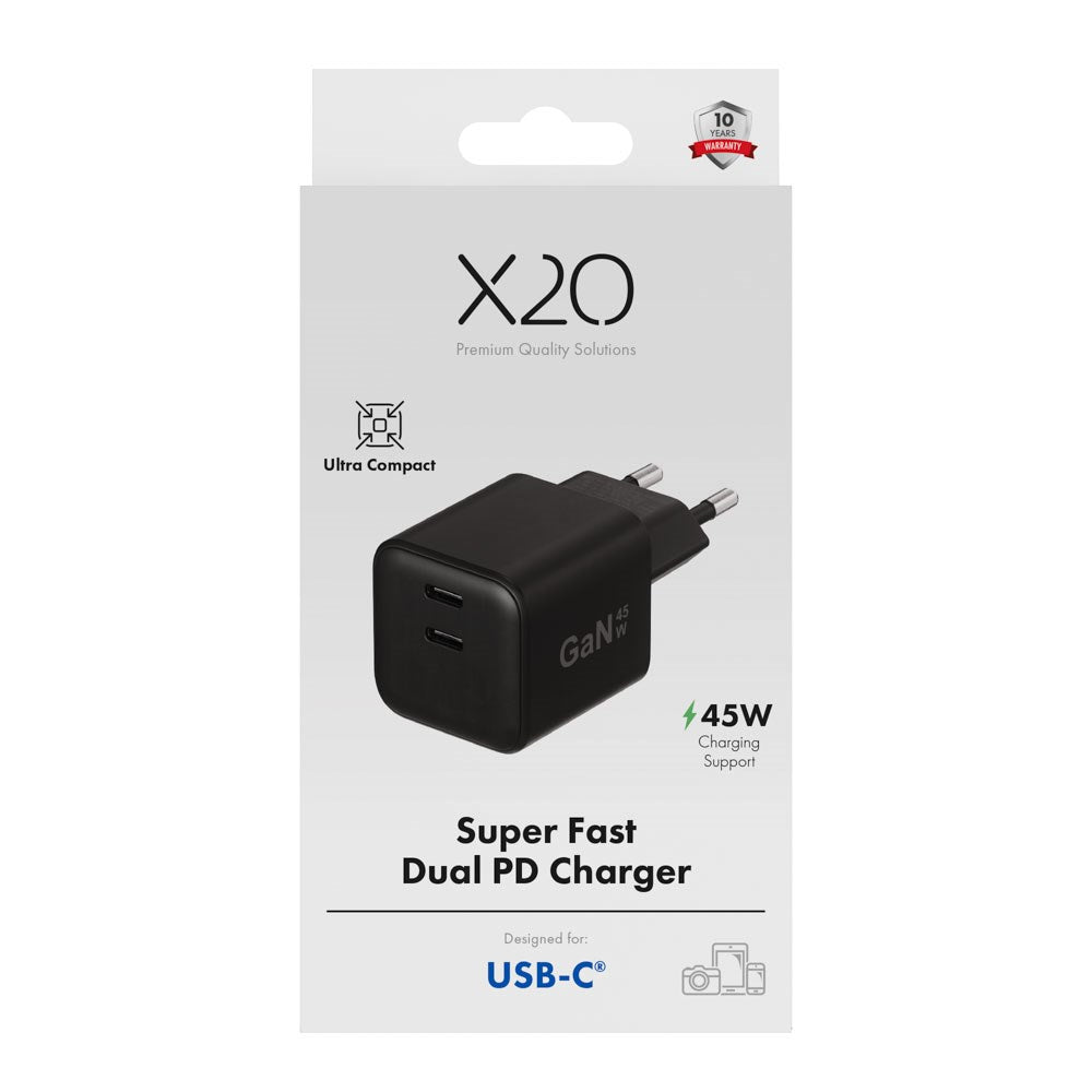 X2O 45W GaN Väggladdare m. 2x USB-C - Svart