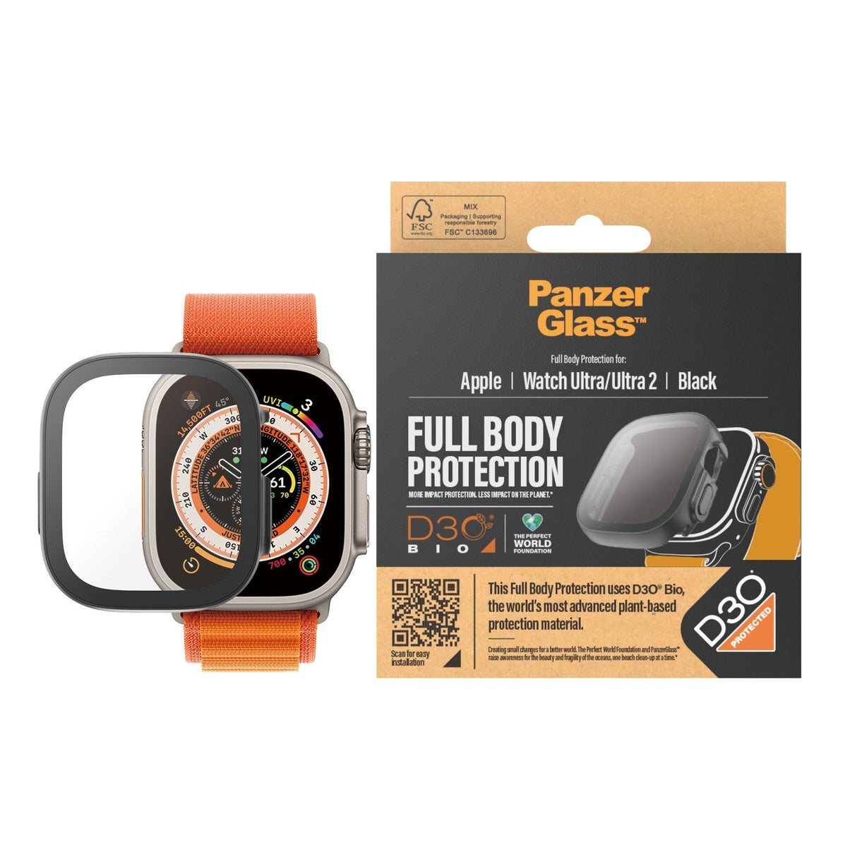 PanzerGlass Apple Watch Ultra 3/2/1 (49mm) Full Body D3O Bio Protection Skal m. Inbyggt Skärmskydd - Svart