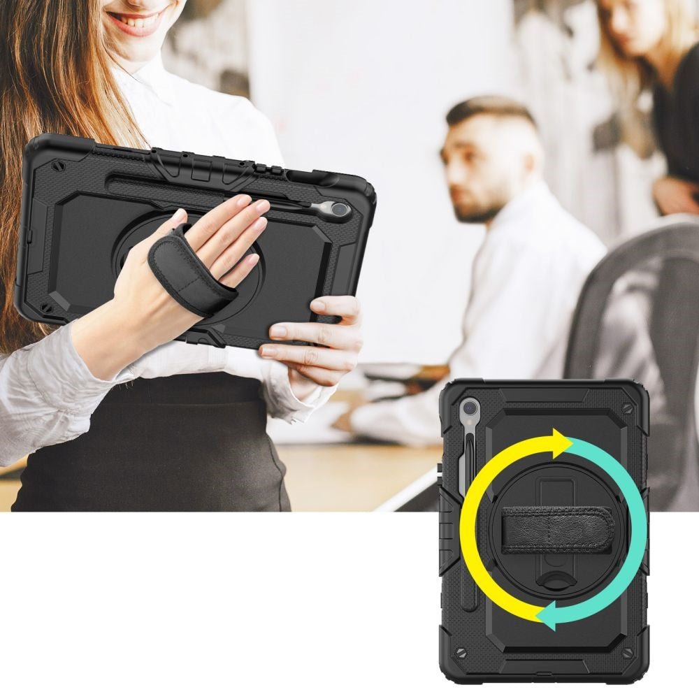 Samsung Galaxy Tab S10 FE / S9 FE Tech-Protect Solid360 Tough Case m. Skyddsfilm, Handhållare och Axelband - Svart