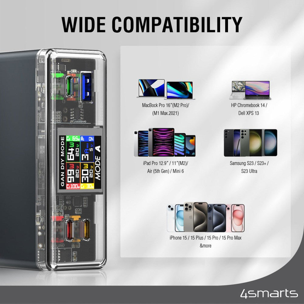 4smarts Lucid GaN DIY Mode Skrivbordsladdare - 210W / 3x USB-C & 1x USB-A - Grå