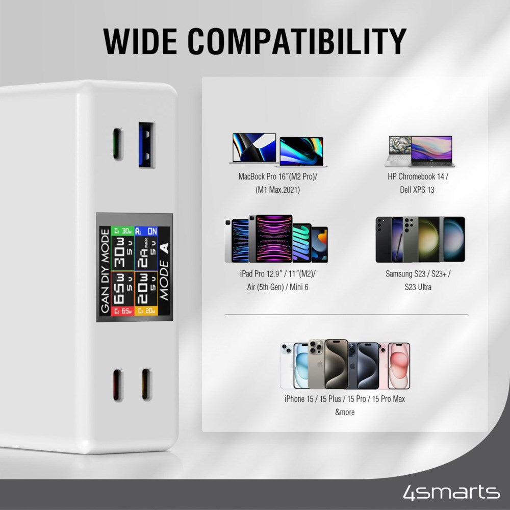 4smarts GaN DIY Mode Skrivbordsladdare - 130W / 3x USB-C & 1x USB-A - Vit
