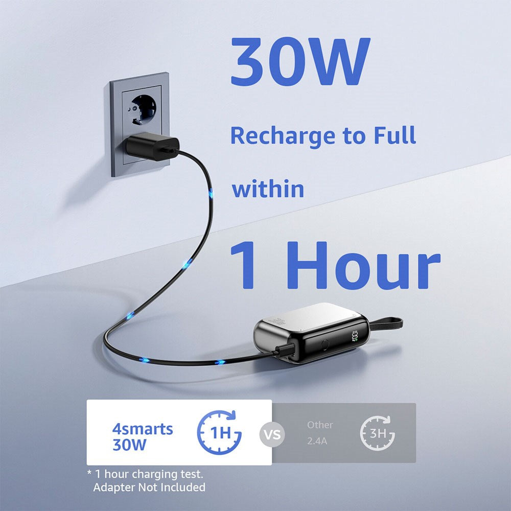 4smarts 10 000 mAh Pocket Powerbank med Integrerad USB-C-Kabel 30W - Silver