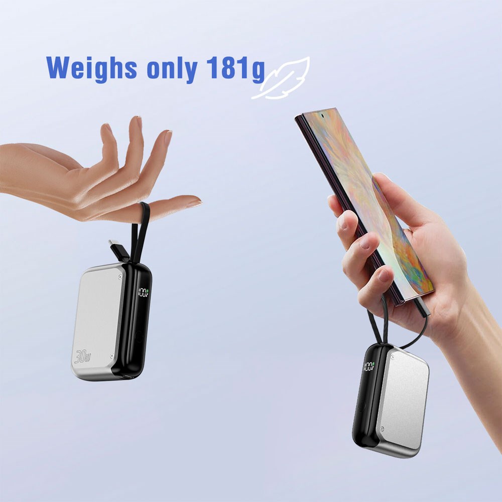 4smarts 10 000 mAh Pocket Powerbank med Integrerad USB-C-Kabel 30W - Silver