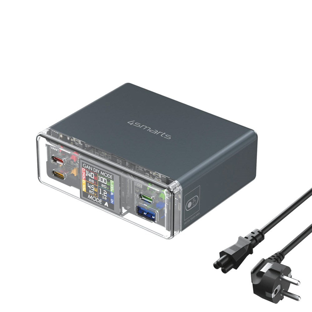 4smarts Lucid GaN DIY Mode Skrivbordsladdare - 300W / 3x USB-C & 1x USB-A - Grå