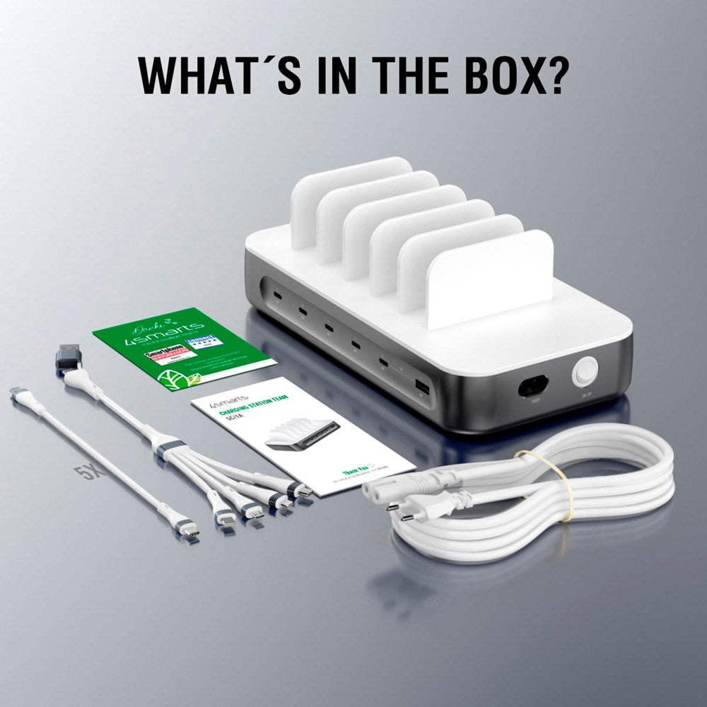 4smarts Laddstation m. 9 Laddningsalternativ - 5x USB-C Kabel & 1x 4-i-2 Multikabel - 100W - Grå / Vit