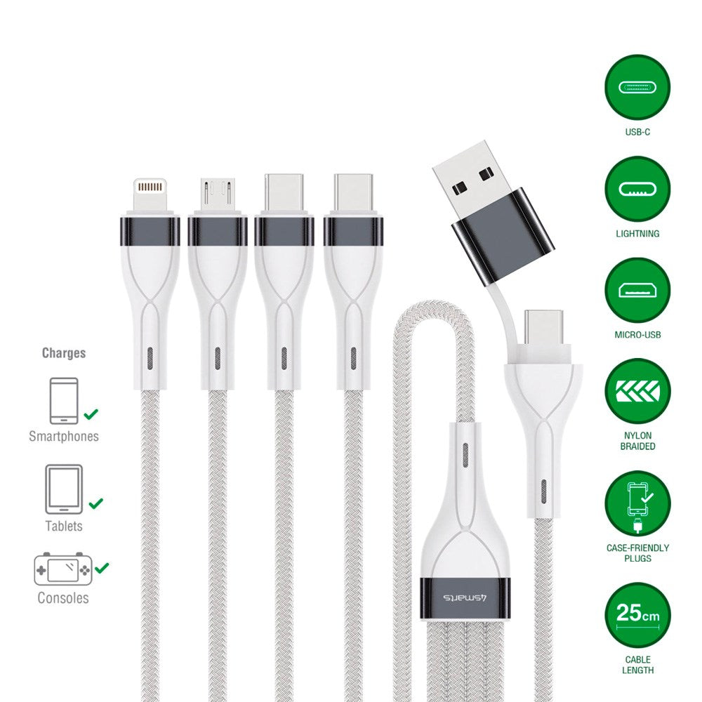 4smarts 4-i-2 Multi Laddkabel - USB-C / USB-A / Lightning / Micro USB - 25cm - Vit