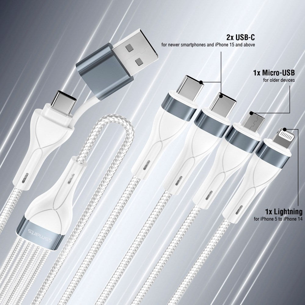 4smarts 4-i-2 Multi Laddkabel - USB-C / USB-A / Lightning / Micro USB - 25cm - Vit