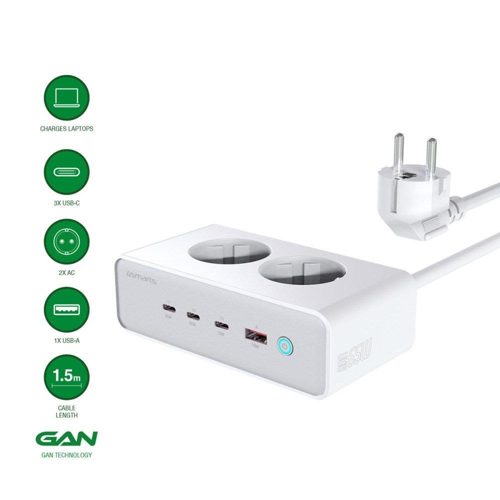 4smarts 6-i-1 Skrivbordsladdare - 65W - 2x AC-kontakt / 3x USB-C / 1x USB-A - Vit
