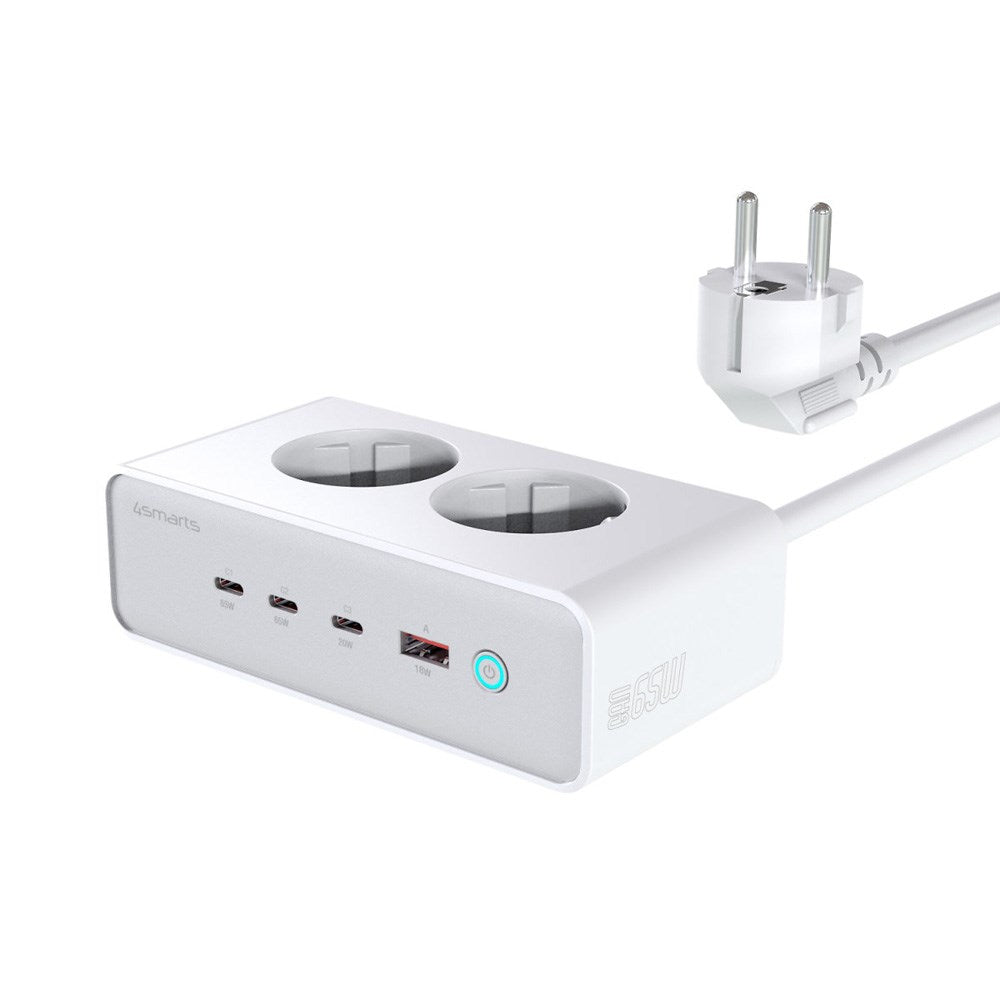 4smarts 6-i-1 Skrivbordsladdare - 65W - 2x AC-kontakt / 3x USB-C / 1x USB-A - Vit