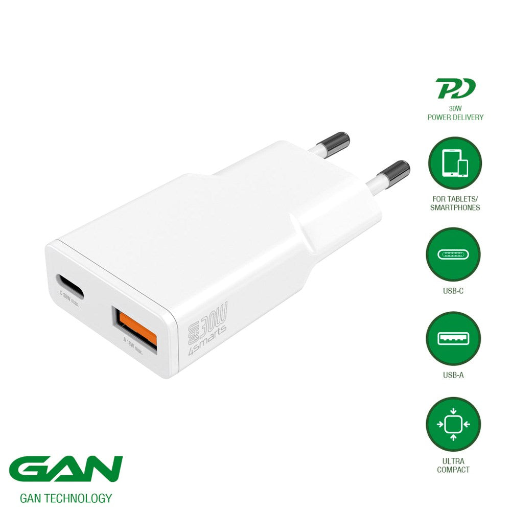 4smarts 2-i-1 Väggladdare - 18W USB-A / 30W USB-C - Vit