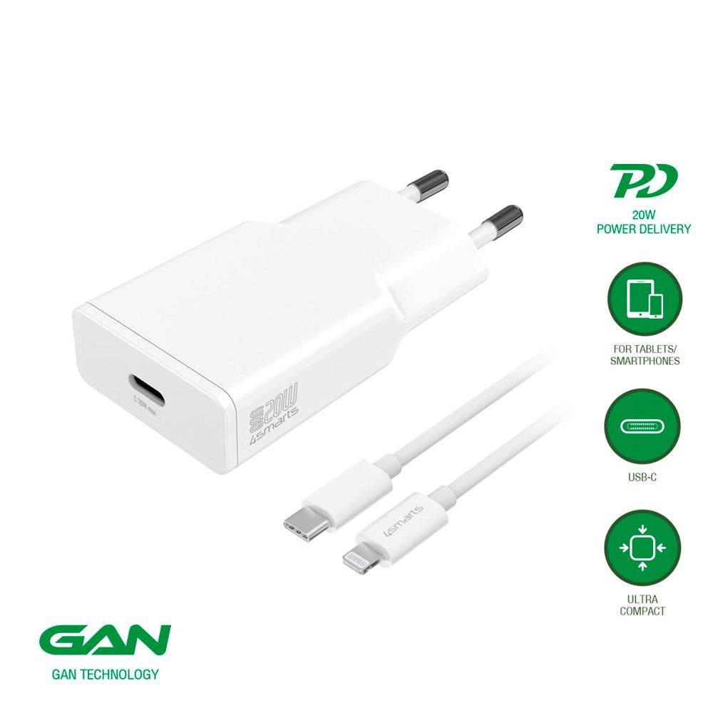4smarts - Väggladdare USB-C till Lightning Kabel - 20W / 1.5m - Vit