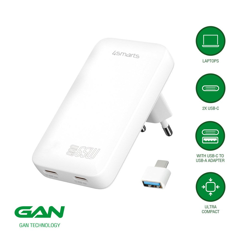 4smarts FlatPlug Slim Dual Väggladdare - 65W / 2x USB-C - Vit