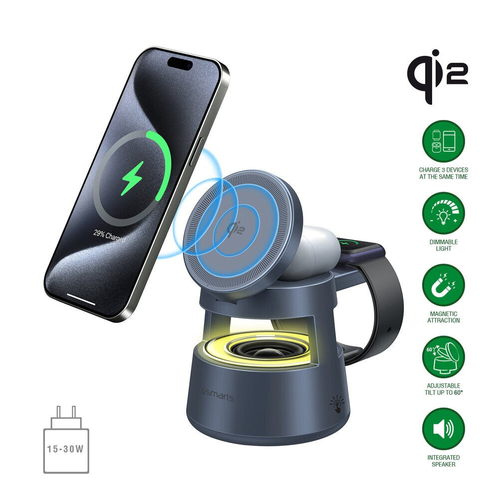 4smarts 3-i-1 Trådlös Laddare med Inbyggd Lampa & Bluetooth för Smartphone / Smartklocka / AirPods - MagSafe / Qi2 Kompatibel - Grå