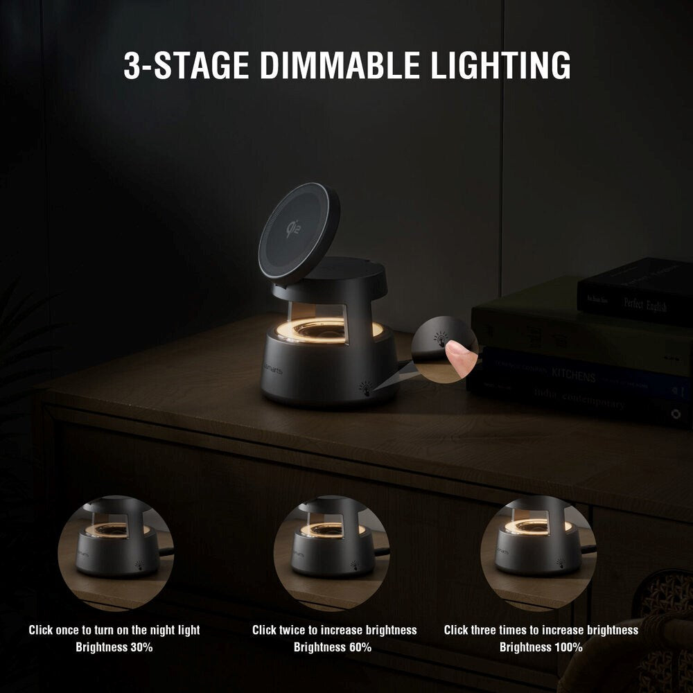 4smarts 3-i-1 Trådlös Laddare med Inbyggd Lampa & Bluetooth för Smartphone / Smartklocka / AirPods - MagSafe / Qi2 Kompatibel - Grå