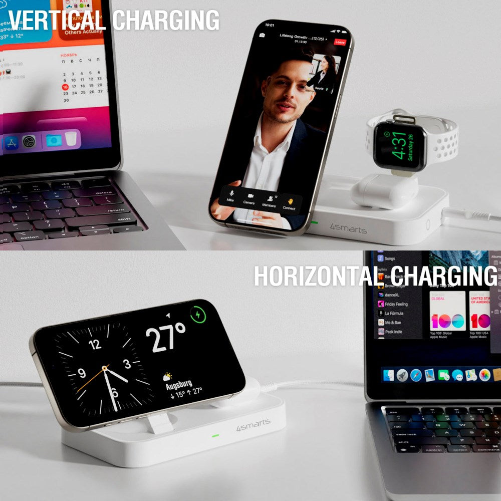 4smarts 3-i-1 Qi2 Trådlös Laddstation - MagSafe Kompatibel - Vit