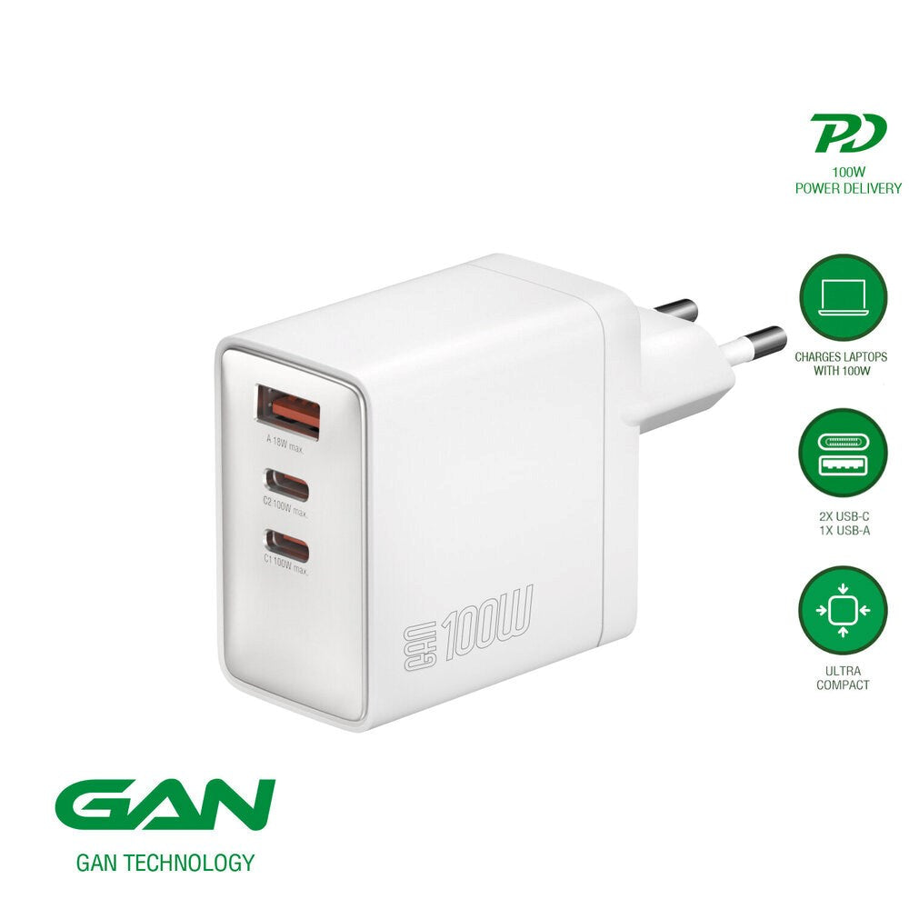 4smarts 100W Väggladdare m. 1x USB-A & 2x USB-C – Vit