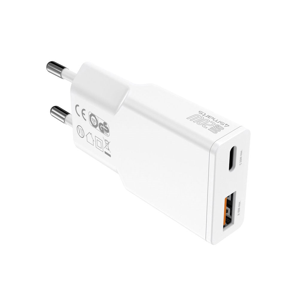 4smarts PDPlug Slim 20W Väggladdare med 1 x USB-A & 1 x USB-A & Inbyggd USB-C Kabel - Vit