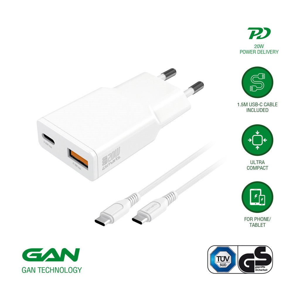 4smarts PDPlug Slim 20W Väggladdare med 1 x USB-A & 1 x USB-A & Inbyggd USB-C Kabel - Vit