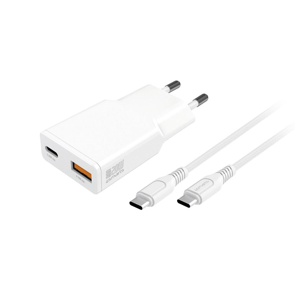 4smarts PDPlug Slim 20W Väggladdare med 1 x USB-A & 1 x USB-A & Inbyggd USB-C Kabel - Vit