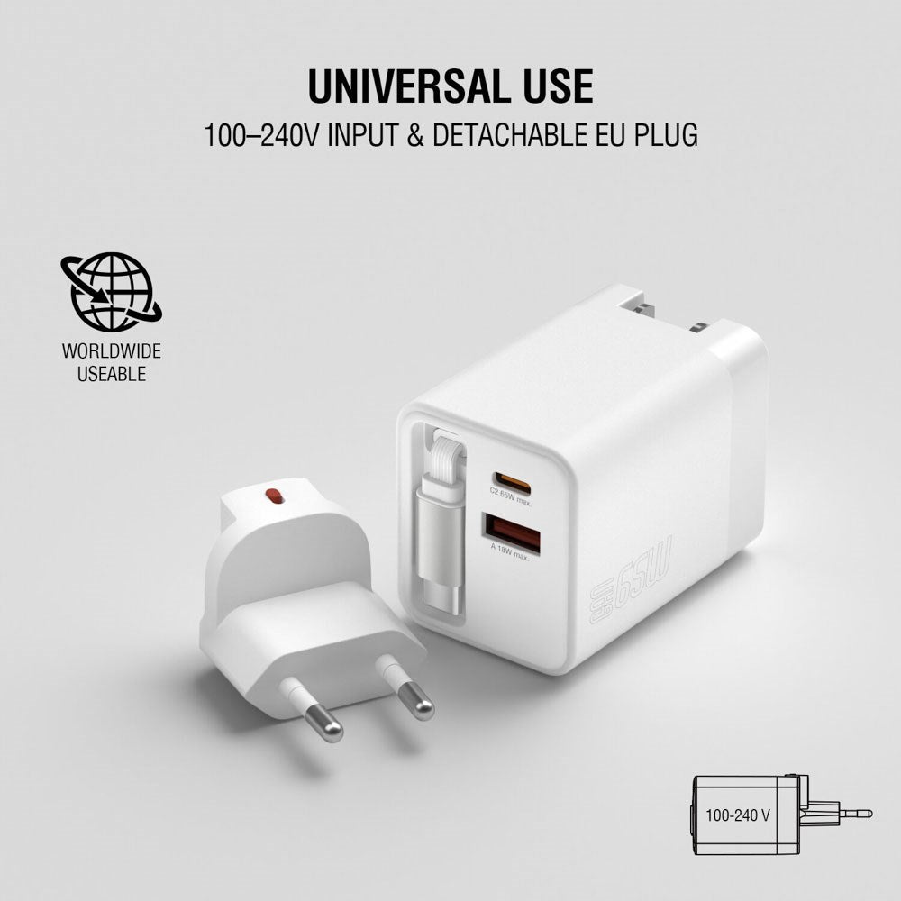 4smarts 65W Flex Jojo Väggladdare med EU / US-kontakt - 1 x USB-A - 1 x USB-C - 1 x USB-C Kabel - Vit