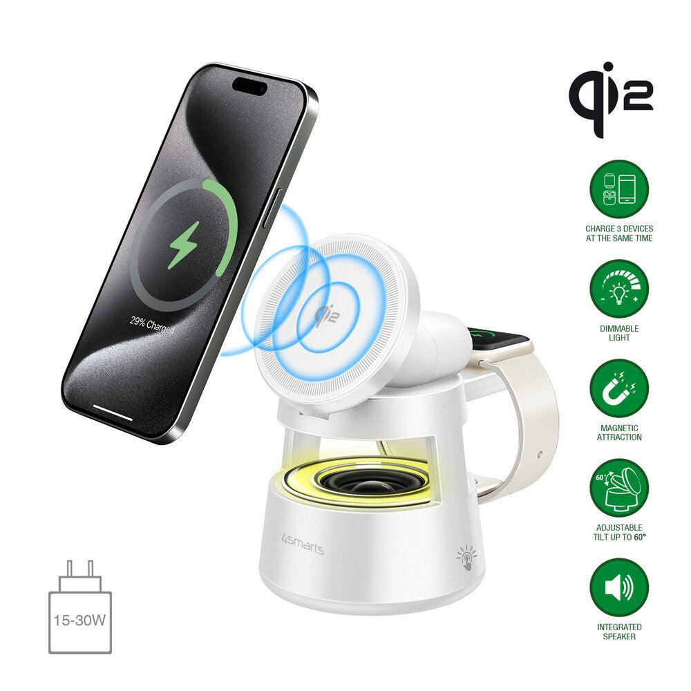 4smarts 3-i-1 Trådlös Laddare med Inbyggd Lampa & Bluetooth för Smartphone / Smartklocka / AirPods - MagSafe / Qi2 Kompatibel - Vit
