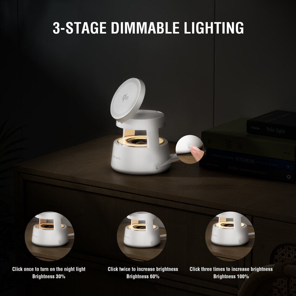 4smarts 3-i-1 Trådlös Laddare med Inbyggd Lampa & Bluetooth för Smartphone / Smartklocka / AirPods - MagSafe / Qi2 Kompatibel - Vit