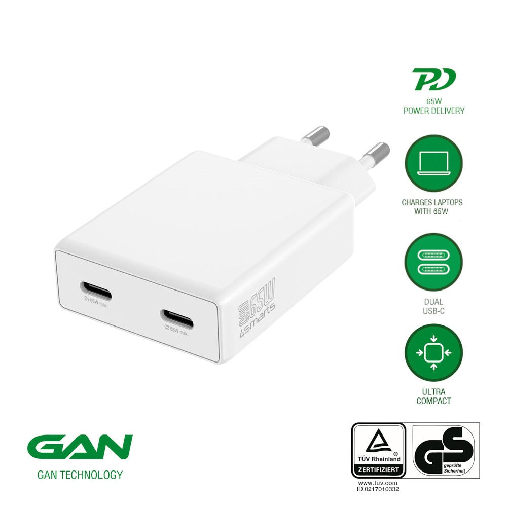 4smarts PDPlug Slim 65W Väggladdare med 2 x USB-C - Vit