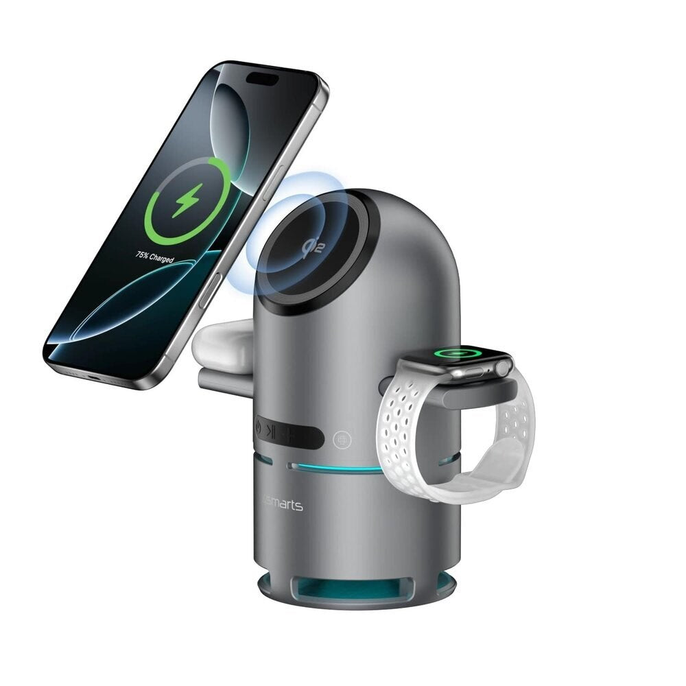 4smarts ChargeBot Sound 3-i-1 Trådlös Laddare med Bluetooth-Högtalare - Smartphone / Smartklocka / AirPods - MagSafe / Qi2 Kompatibel - Grå