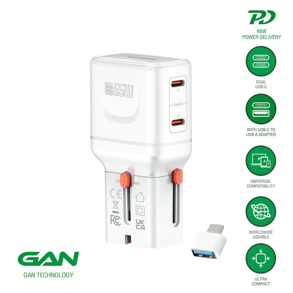 4smarts 65W Reiseadapter for EU/UK/US/AUS med 2 x USB-C & 1 x USB-A Adapter - Hvit