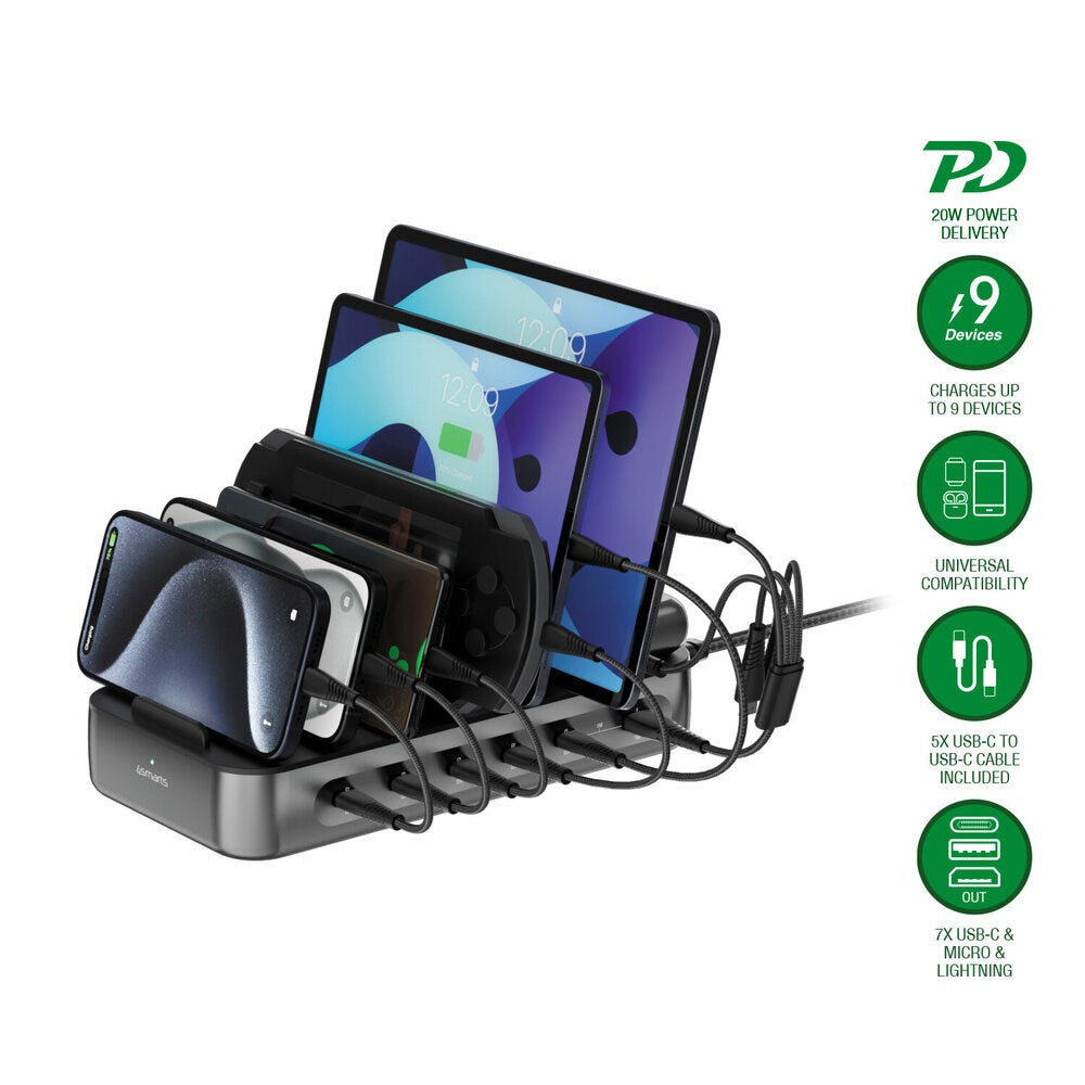 4smarts Laddningsstation m. 9 Laddningsalternativ - 5x USB-C Kabel & 1x 4-i-1 Multikabel - 100W - Svart