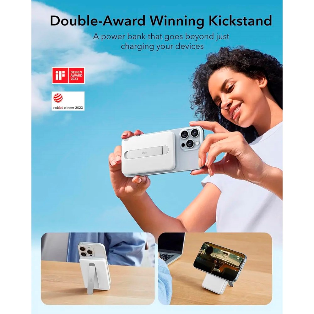 ESR Qi2 MagSlim PowerBank m. Kickstand - 15W / 5000 mAh - MagSafe Kompatibel - Vit