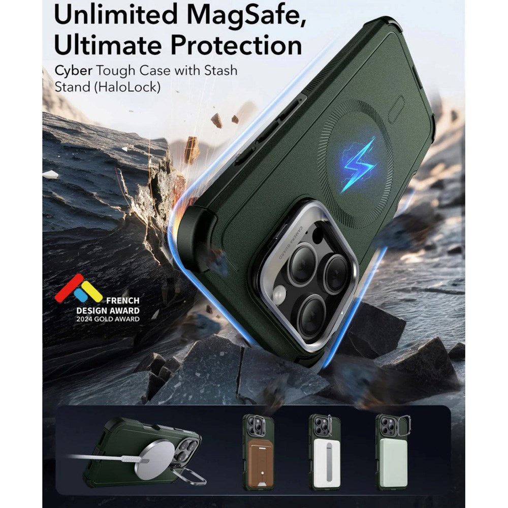 ESR iPhone 16 Pro Cyber Armor Skal med Kickstand - MagSafe Kompatibel - Grön
