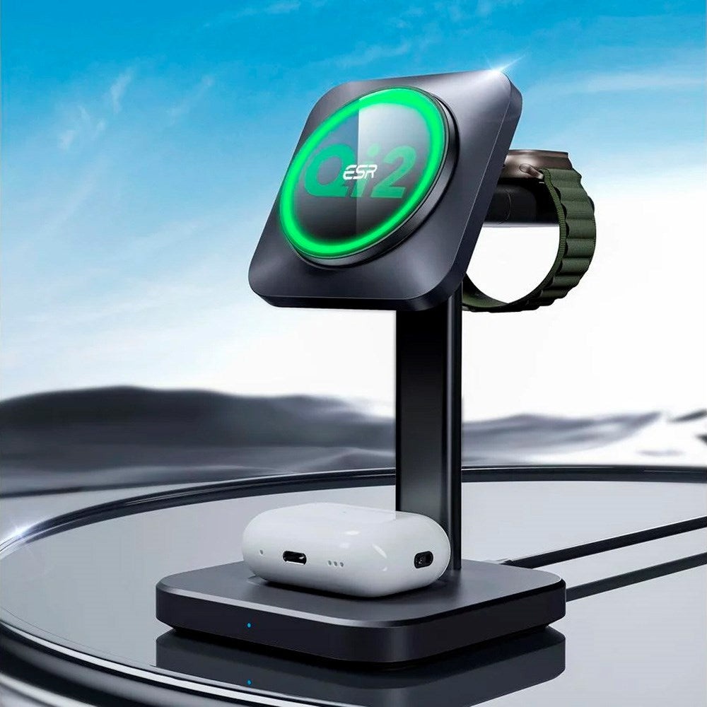 ESR 3-i-1 Qi2 Trådlös Laddare med Löstagbar Apple Watch Laddare - MagSafe Kompatibel - Svart