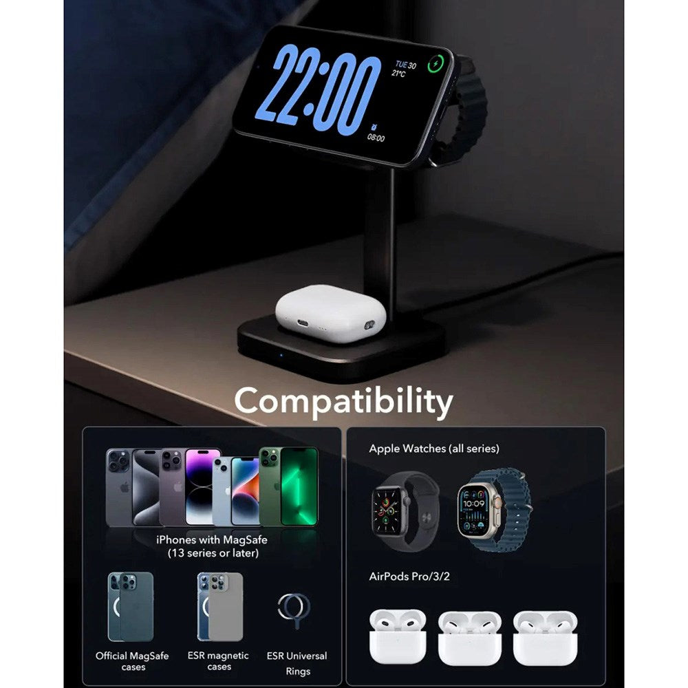 ESR 3-i-1 Qi2 Trådlös Laddare med Löstagbar Apple Watch Laddare - MagSafe Kompatibel - Svart