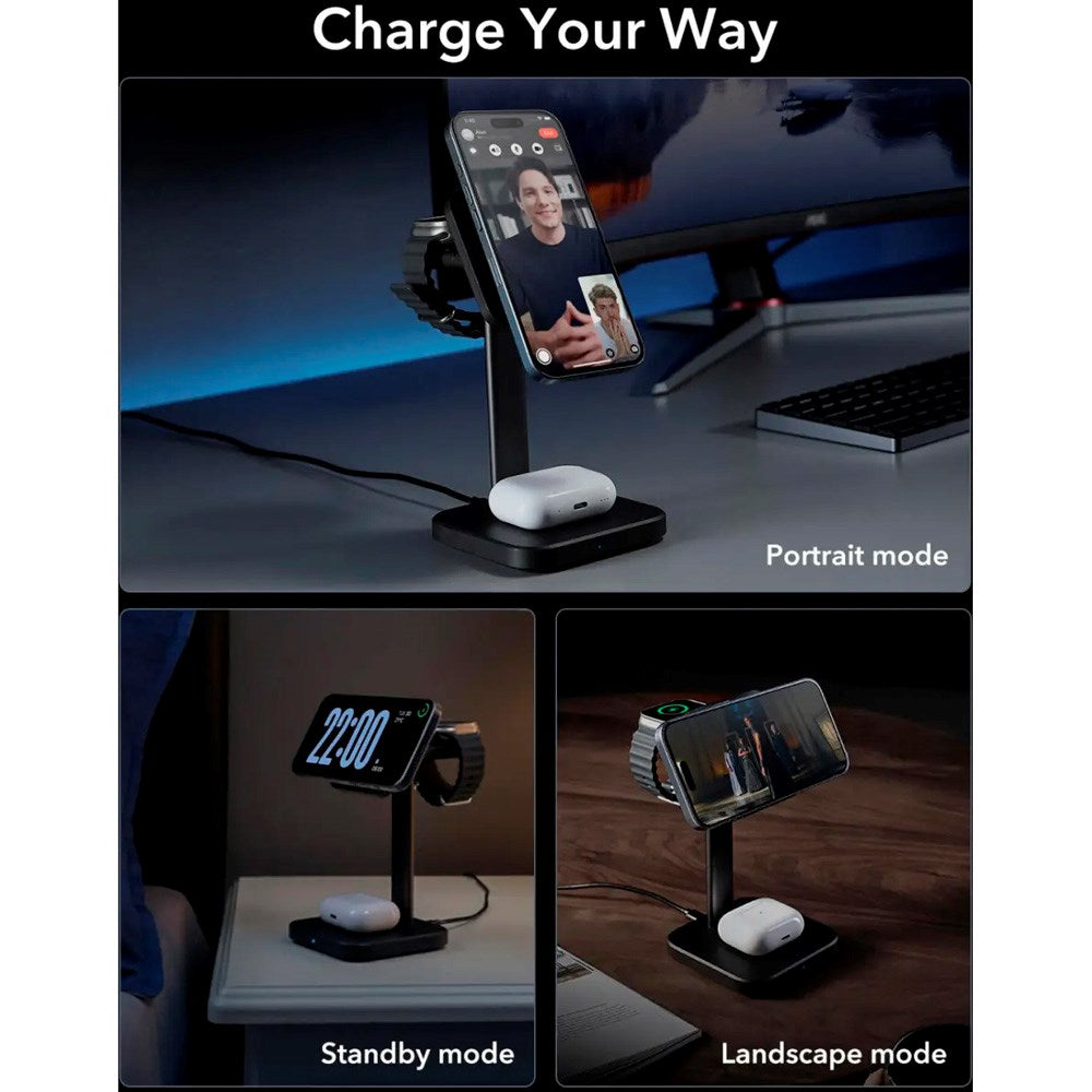 ESR 3-i-1 Qi2 Trådlös Laddare med Löstagbar Apple Watch Laddare - MagSafe Kompatibel - Svart