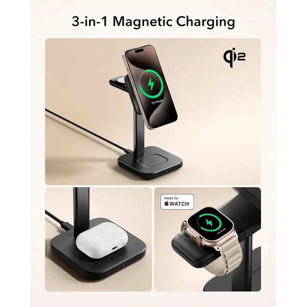 ESR 3-i-1 Qi2 Trådlös Laddare med Löstagbar Apple Watch Laddare - MagSafe Kompatibel - Svart