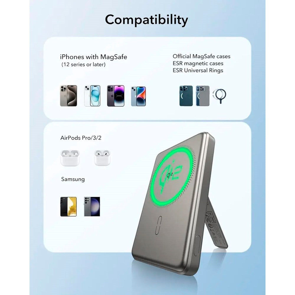 ESR Qi2 MagSlim PowerBank m. Kickstand - 15W / 5000 mAh - MagSafe Kompatibel - Titanium