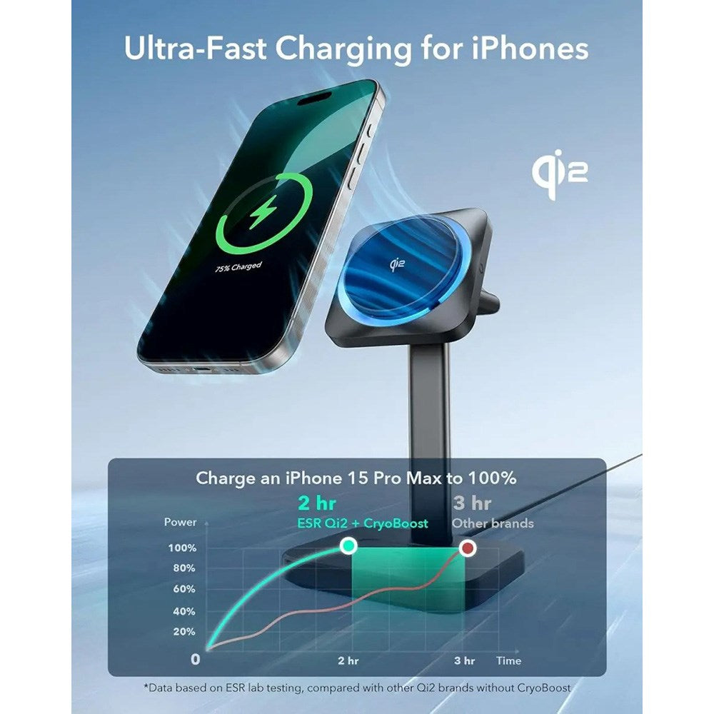 ESR 3-i-1 Qi2 Trådlös Laddare med CryoBoost & Löstagbar Apple Watch Laddare - MagSafe Kompatibel - Svart