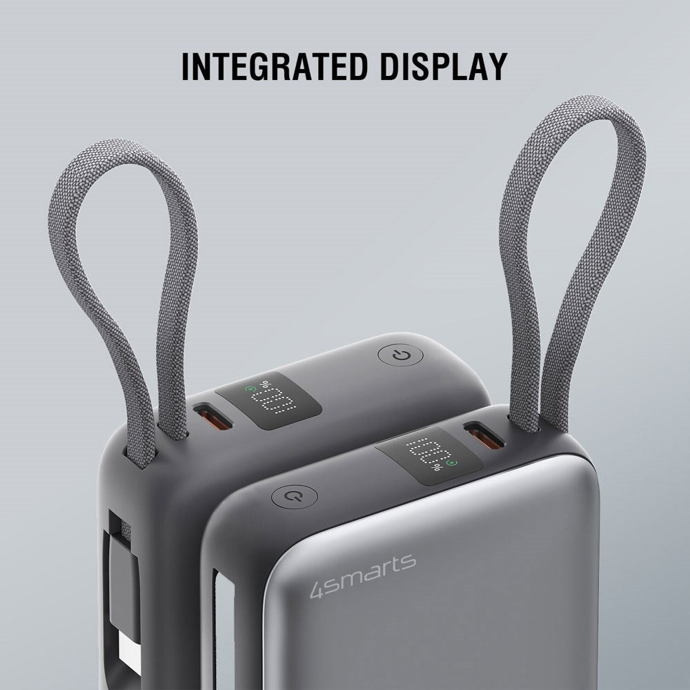 4smarts Pocket Dual Cord 22.5W PowerBank m. Inbyggd USB-C Kabel - 10.000 mAh - Space Grey