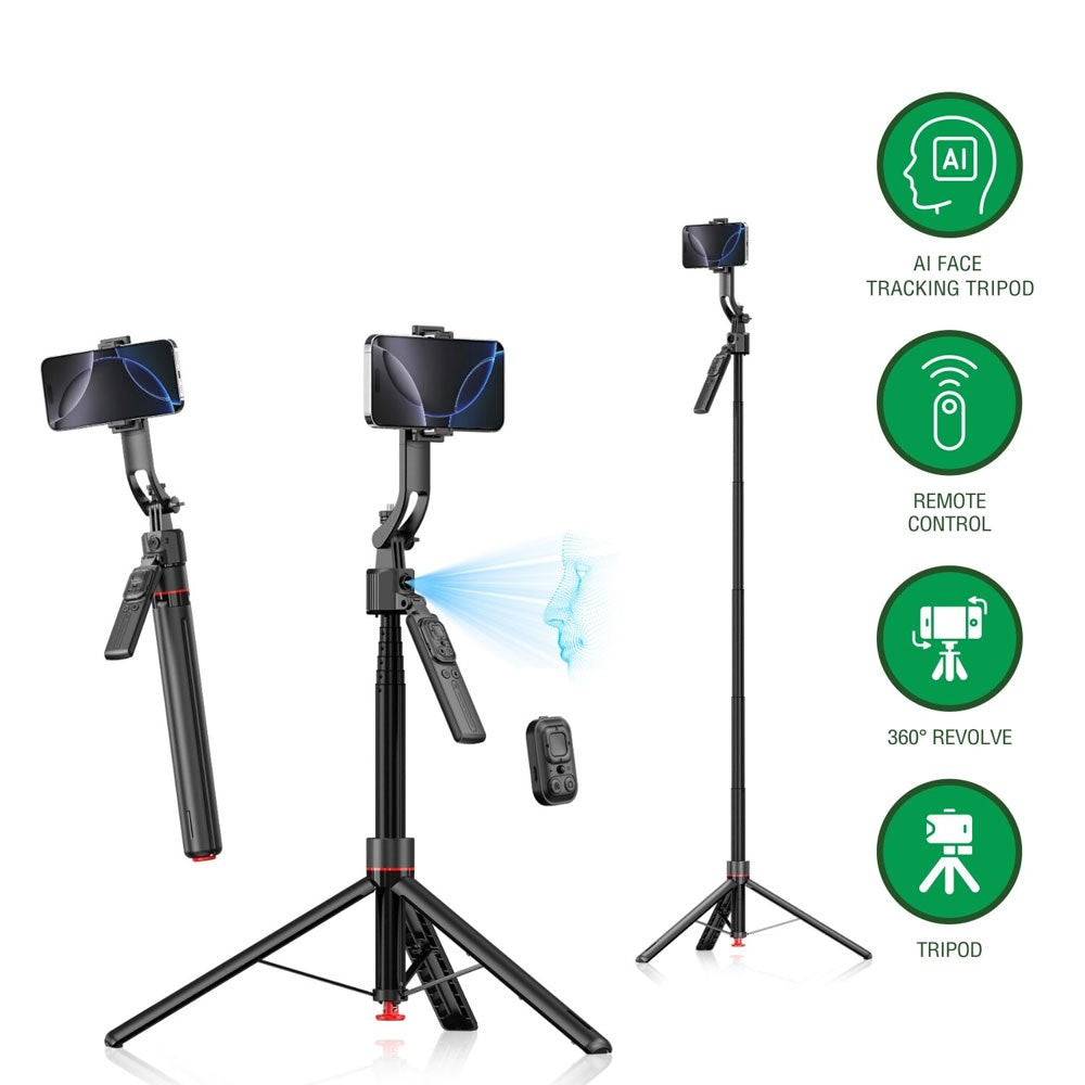 4smarts 360 AI Tripod Selfie Stick m. Ansiktsspårning & Fjärrkontroll - Svart