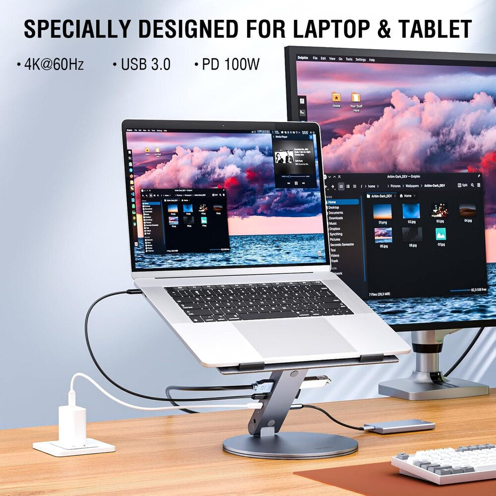4smarts ErgoPro 360 graders laptop-/surfplatta-stativ med 6-i-1 USB-C-docka - Grå