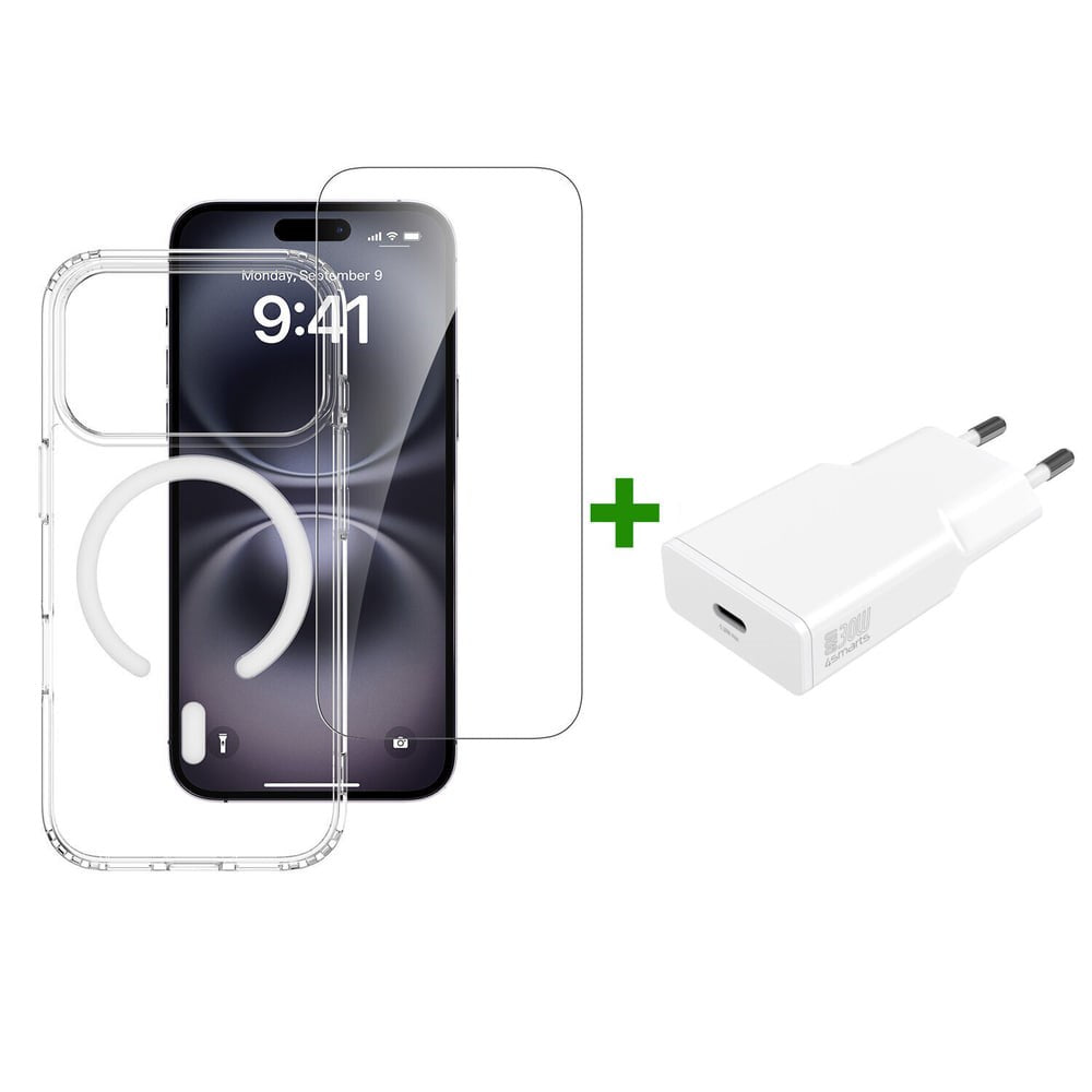 iPhone 18 Pro / 17 Pro 4Smarts 3-i-1 Premium Starter Set - MagSafe Skal, Skärmskydd & 20W Väggladdare - Genomskinlig / Vit