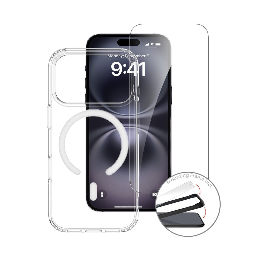 iPhone 18 Pro / 17 Pro 4Smarts 3-i-1 Premium Starter Set - MagSafe Skal, Skärmskydd & 20W Väggladdare - Genomskinlig / Vit