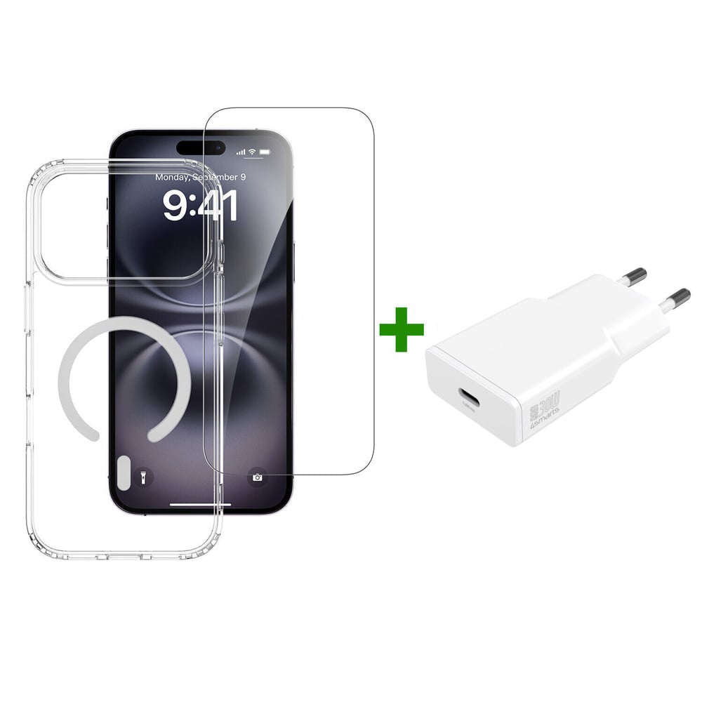 iPhone 18 Pro Max / 17 Pro Max 4Smarts 3-i-1 Premium Starter Set - MagSafe Skal, Skärmskydd & 20W Väggladdare - Genomskinlig / Vit